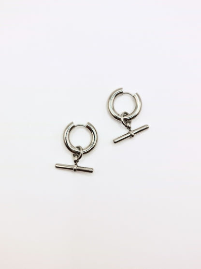 The Tala Silver Finish Tarnish-Free T-Bar Drop Hoop Earrings