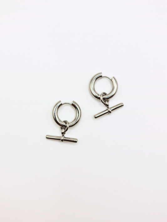The Tala Silver Finish Tarnish-Free T-Bar Drop Hoop Earrings