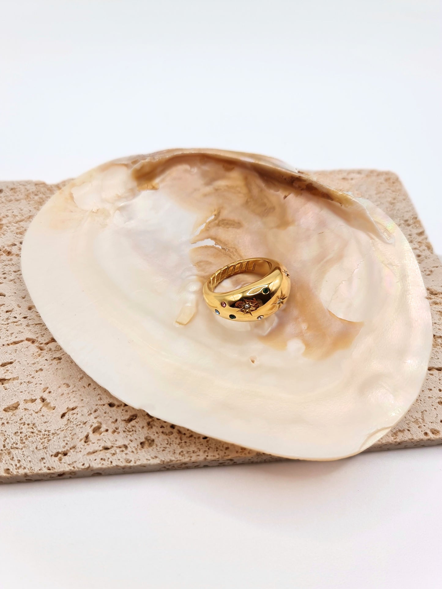 The Vanessa 18k Gold Plated Stainless Steel Multicoloured Crystal Celestial Ring.