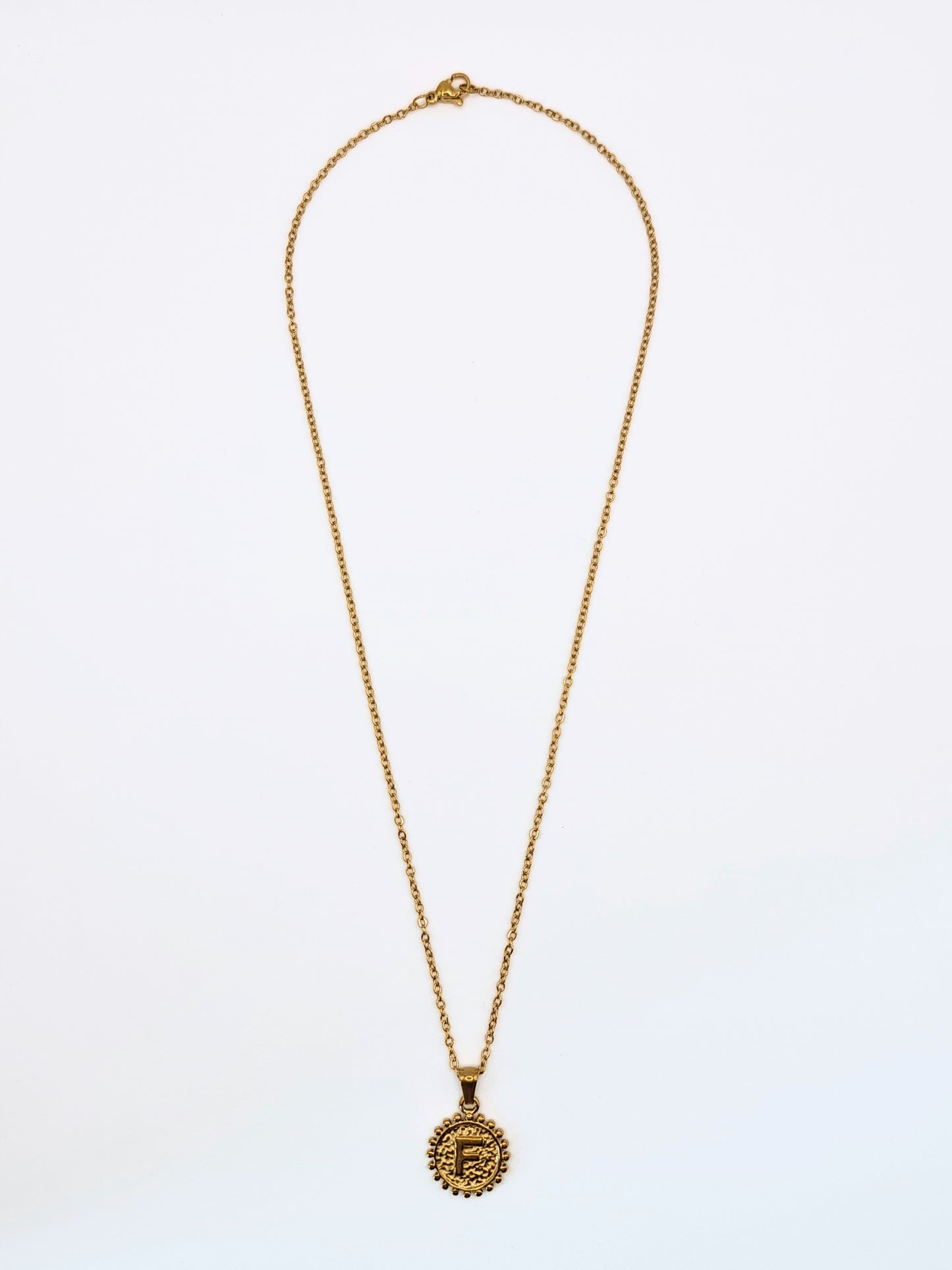 The Talisman Collection 'F' Initial 18k Gold Plated Stainless Steel Ball Trim Pendant Necklace.