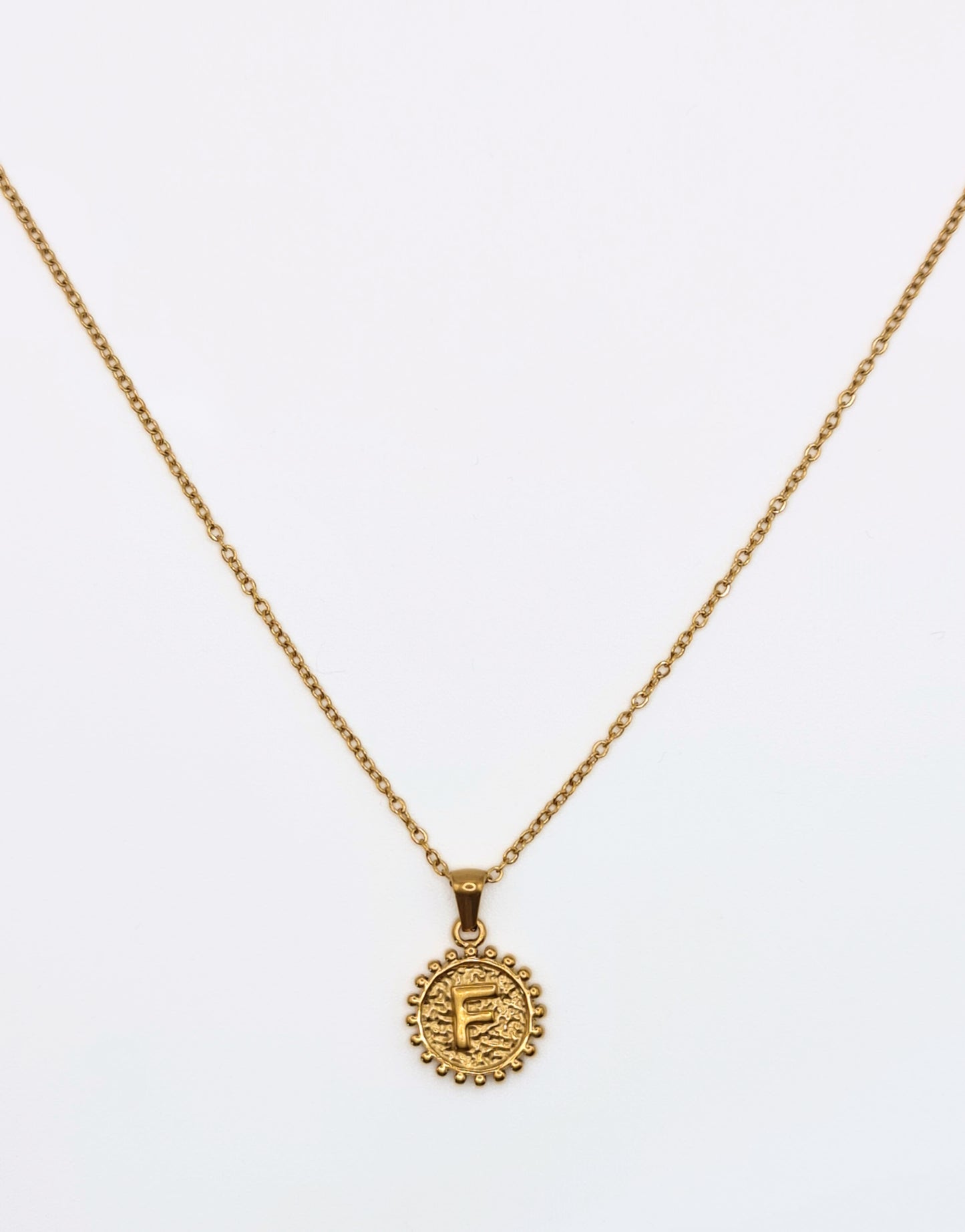 The Talisman Collection 'F' Initial 18k Gold Plated Stainless Steel Ball Trim Pendant Necklace.