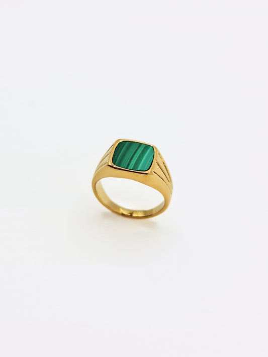 The Mason 18k Gold Plated Tarnish-Free Malachite Semi-Precious Stone Signet Ring