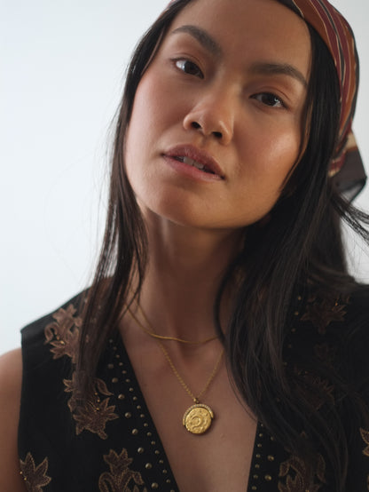 The Talisman Collection Set 18k Gold Plated Tarnish-Free Sun & Moon Crystal Spinner Pendant & Arizona Snake Chain Co-Ord Necklaces