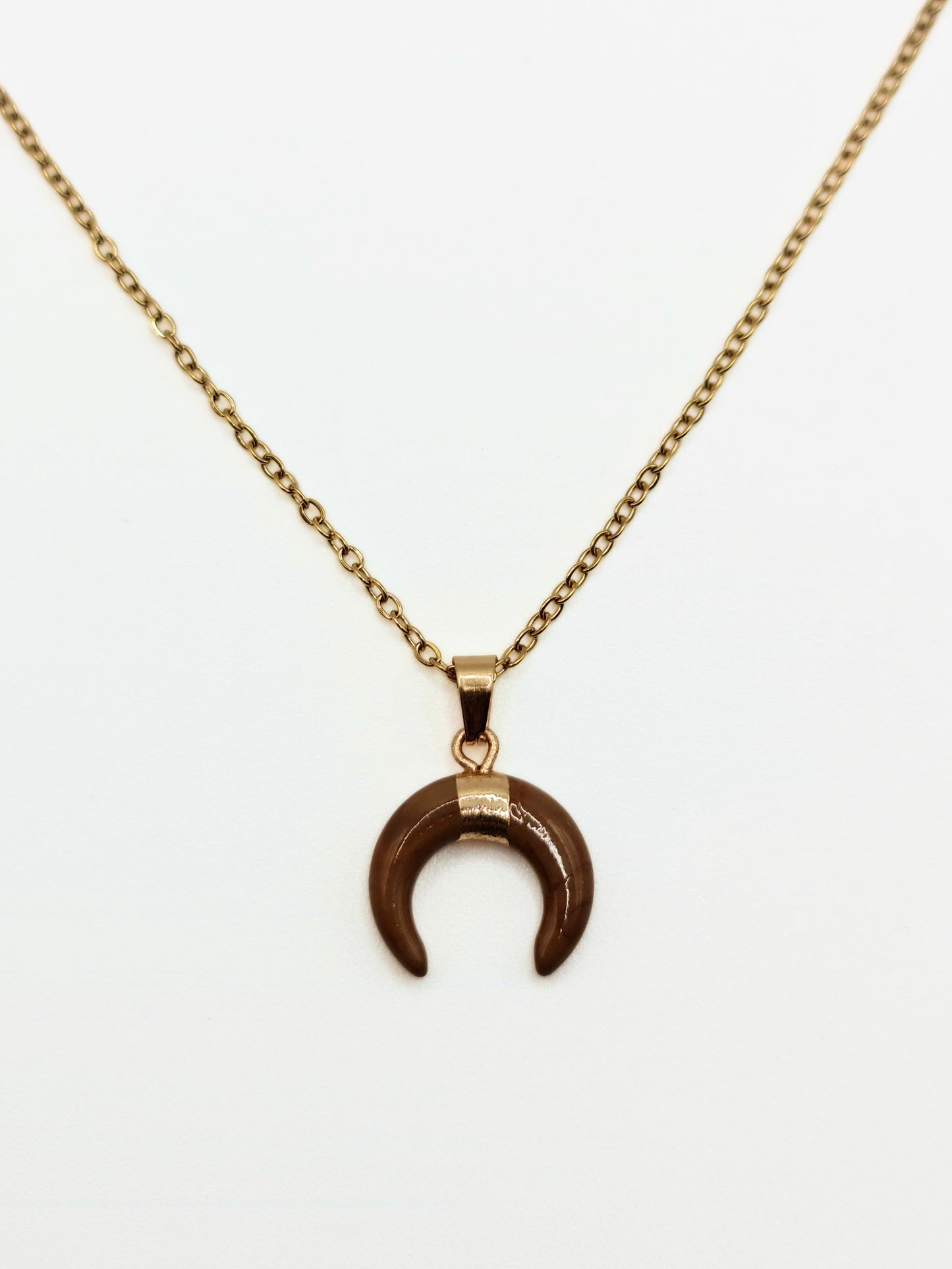 The Talisman Collection Brown Jasper 18k Gold Plated Semi Precious Gemstone Horn Moon Pendant Necklace