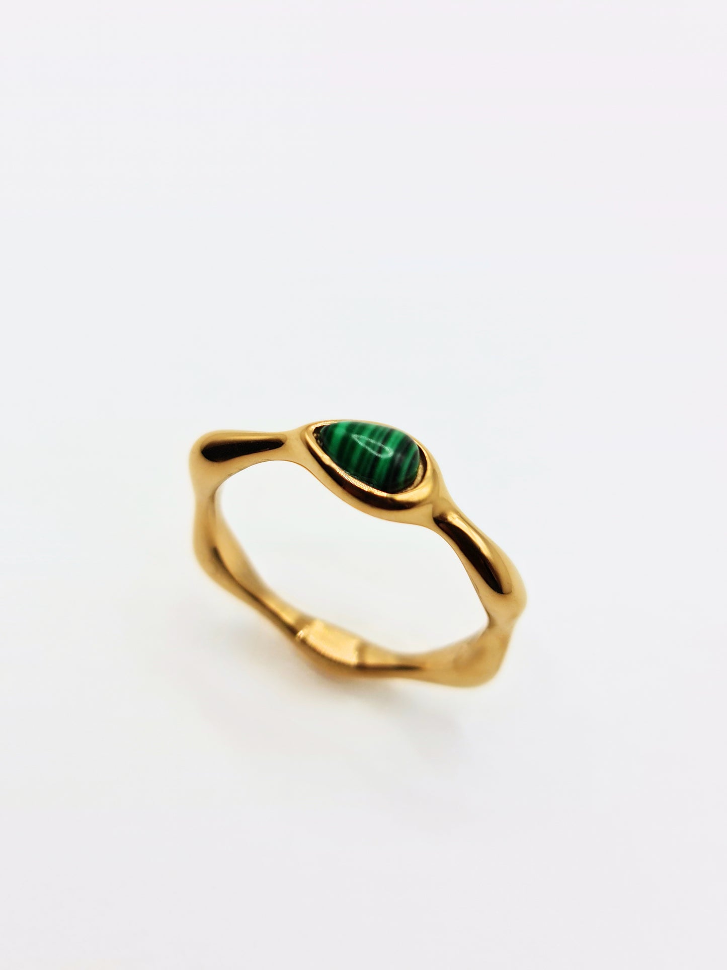 The Talisman Collection 18k Gold Plated Tarnish-Free Malachite Semi-Precious Stone Wavy Layering Ring
