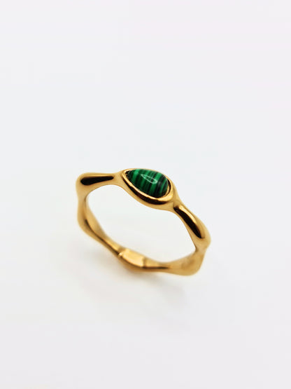 The Talisman Collection 18k Gold Plated Tarnish-Free Malachite Semi-Precious Stone Wavy Layering Ring