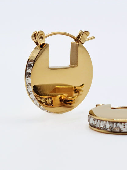 The Discus 18k Gold Plated Tarnish-Free Crystal Disc Hoop Earrings