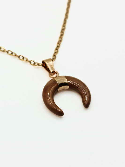 The Talisman Collection Brown Jasper 18k Gold Plated Semi Precious Gemstone Horn Moon Pendant Necklace