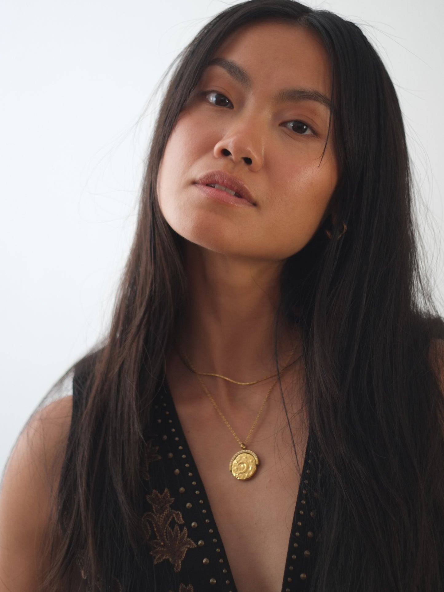 The Talisman Collection Set 18k Gold Plated Tarnish-Free Sun & Moon Crystal Spinner Pendant & Arizona Snake Chain Co-Ord Necklaces