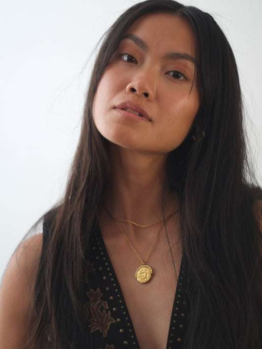 The Talisman Collection Set 18k Gold Plated Tarnish-Free Sun & Moon Crystal Spinner Pendant & Arizona Snake Chain Co-Ord Necklaces