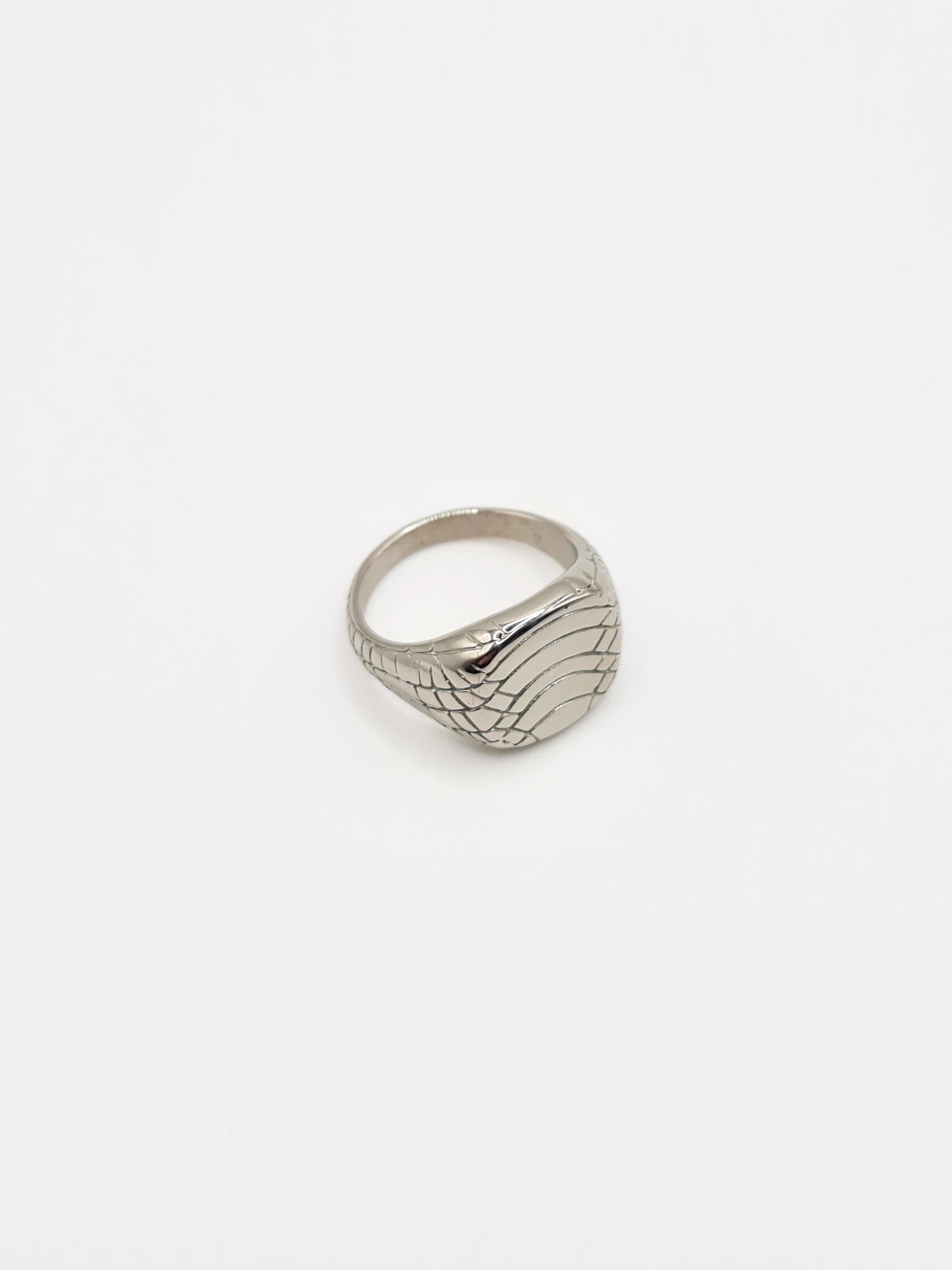 The Serpent Silver Finish Plated Stainless Steel Snake Etched Signet Ring.
