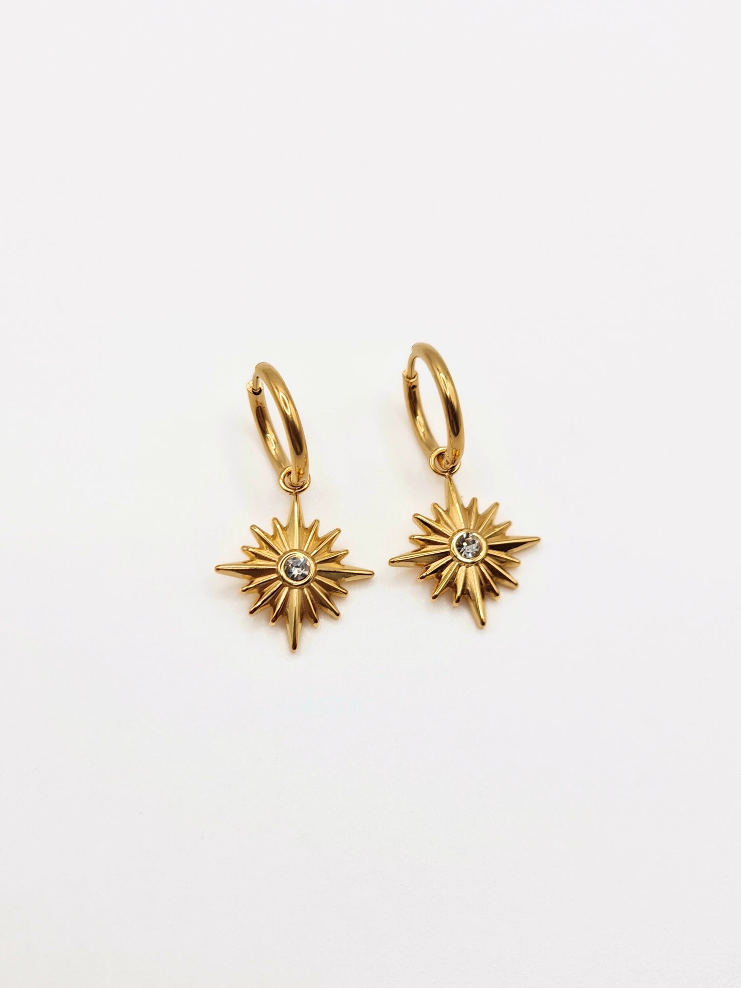 The Lexi 18k Gold Plated Stainless Steel Celestial Crystal Star Hoop Drop Earrings.