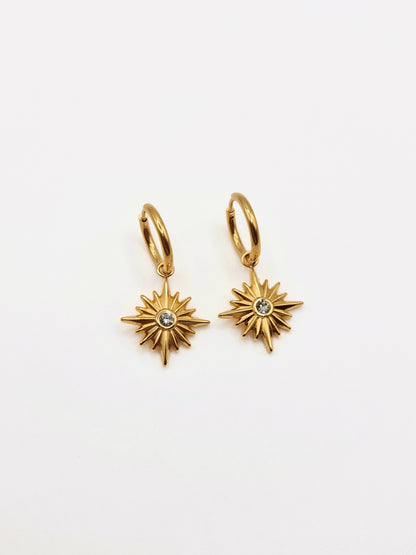 The Lexi 18k Gold Plated Stainless Steel Celestial Crystal Star Hoop Drop Earrings.