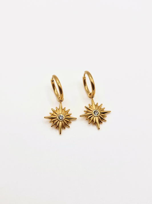 The Lexi 18k Gold Plated Stainless Steel Celestial Crystal Star Hoop Drop Earrings.