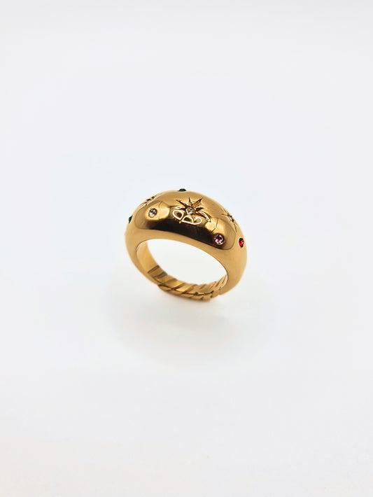 The Vanessa 18k Gold Plated Stainless Steel Multicoloured Crystal Celestial Ring.