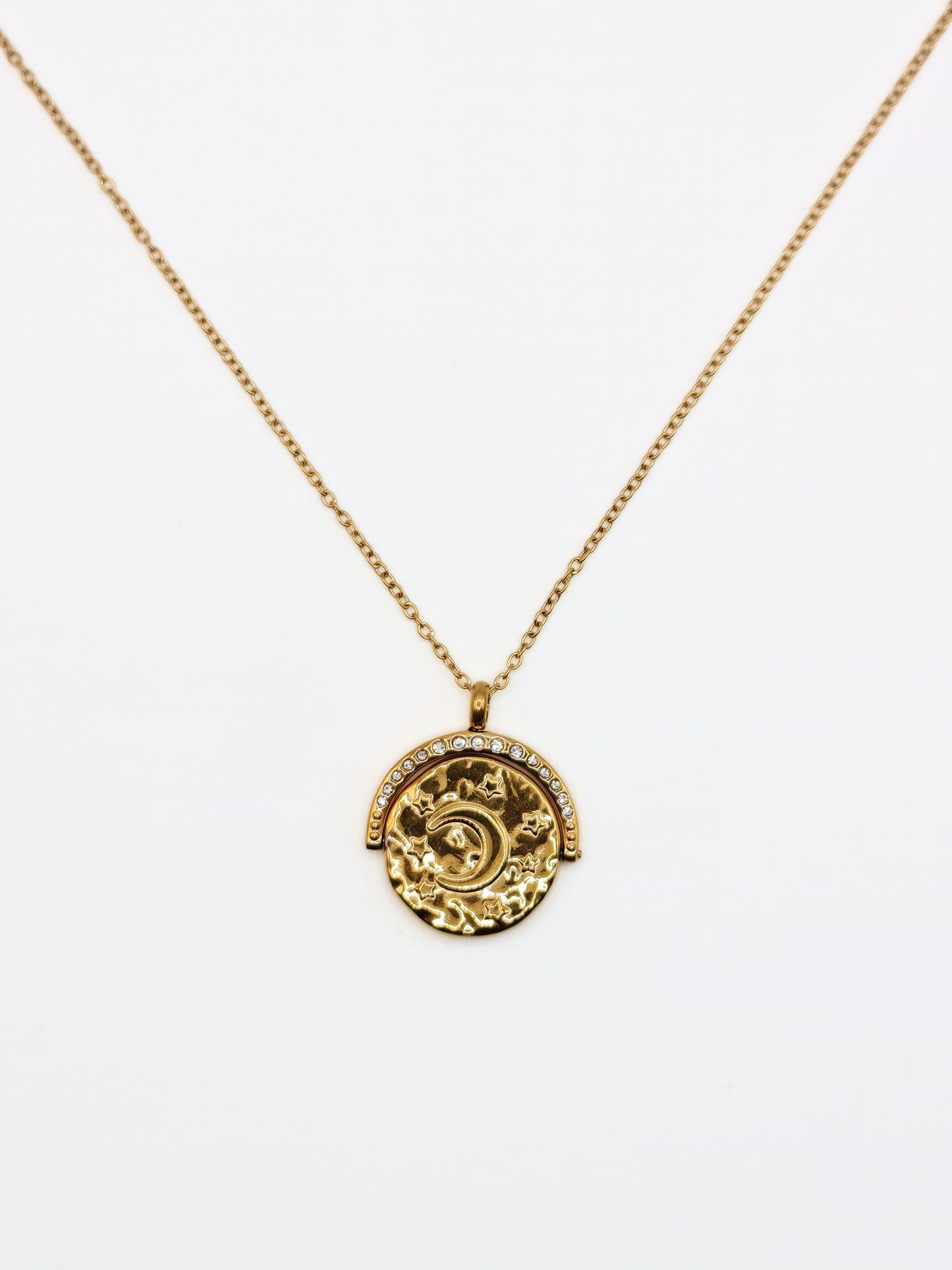 The Talisman Collection Set 18k Gold Plated Tarnish-Free Sun & Moon Crystal Spinner Pendant & Arizona Snake Chain Co-Ord Necklaces