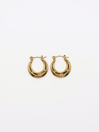 The Faye 18k Gold Plated Stainless Steel Star Etched Hoop Earrings.