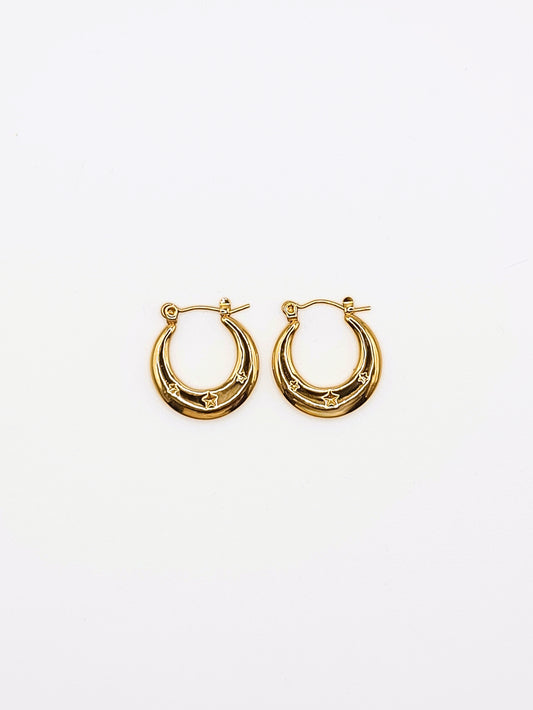 The Faye 18k Gold Plated Stainless Steel Star Etched Hoop Earrings.