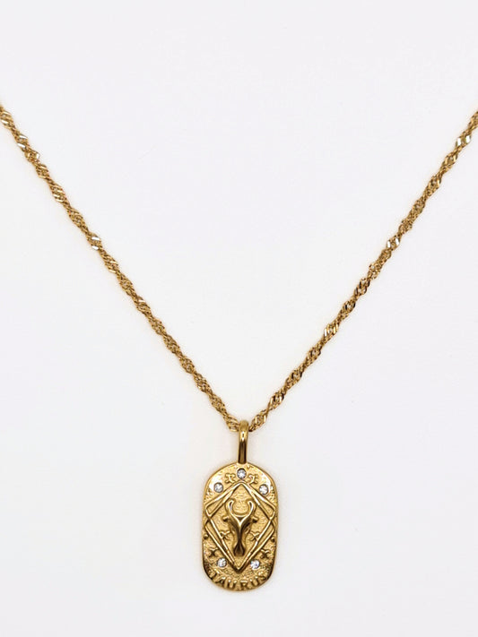 The Kiki Taurus 18k Gold Plated Stainless Steel Zodiac Starsign Crystal Necklace.