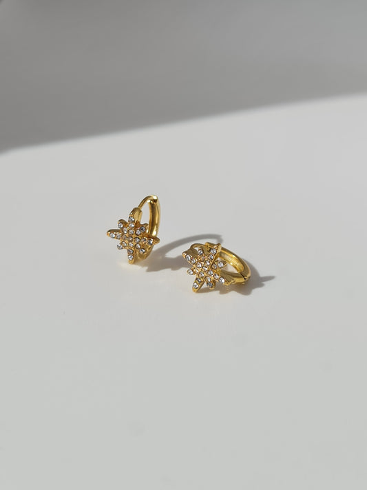 The Astra 18k Gold Plated Stainless Steel Cubic Zirconia Pave Crystal Celestial Star Huggie Hoop Earrings.
