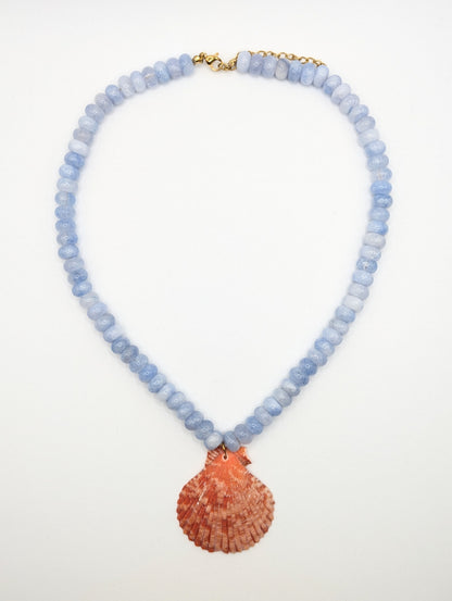 The Marseille Crimson Scallop Shell Blue Agate Natural Stone Beaded Necklace- Semi-Precious & Waterproof