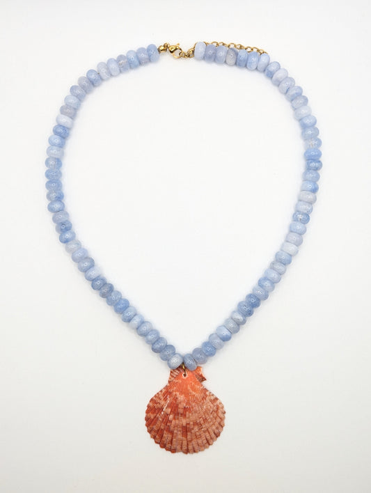 The Marseille Crimson Scallop Shell Blue Agate Natural Stone Beaded Necklace- Semi-Precious & Waterproof