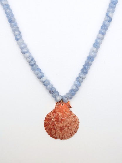 The Marseille Crimson Scallop Shell Blue Agate Natural Stone Beaded Necklace- Semi-Precious & Waterproof