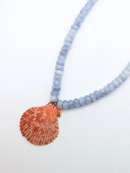 The Marseille Crimson Scallop Shell Blue Agate Natural Stone Beaded Necklace- Semi-Precious & Waterproof