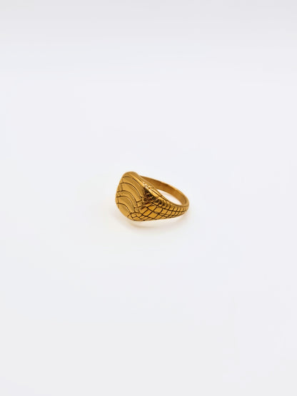 The Serpent 18k Gold Plated Stainless Steel Snake Etched Signet Ring.