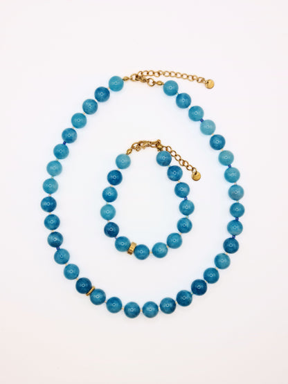 The Riviera Set Blue Agate Natural Stone Beaded Necklace & Bracelet- Semi-Precious & Waterproof