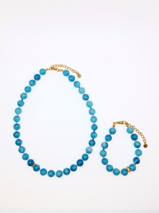 The Riviera Set Blue Agate Natural Stone Beaded Necklace & Bracelet- Semi-Precious & Waterproof