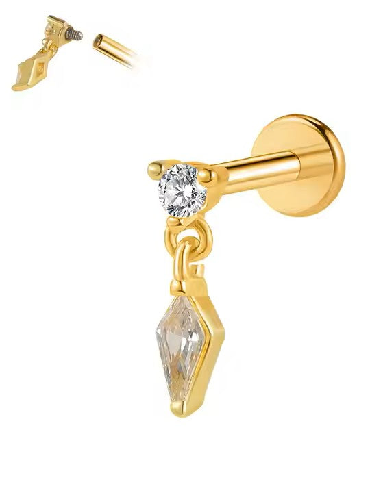 The Bailey 18k Gold Plated Stainless Steel Cubic Zirconia Crystal Drop Cartilage Lobe Flat Labret Stud Earring.