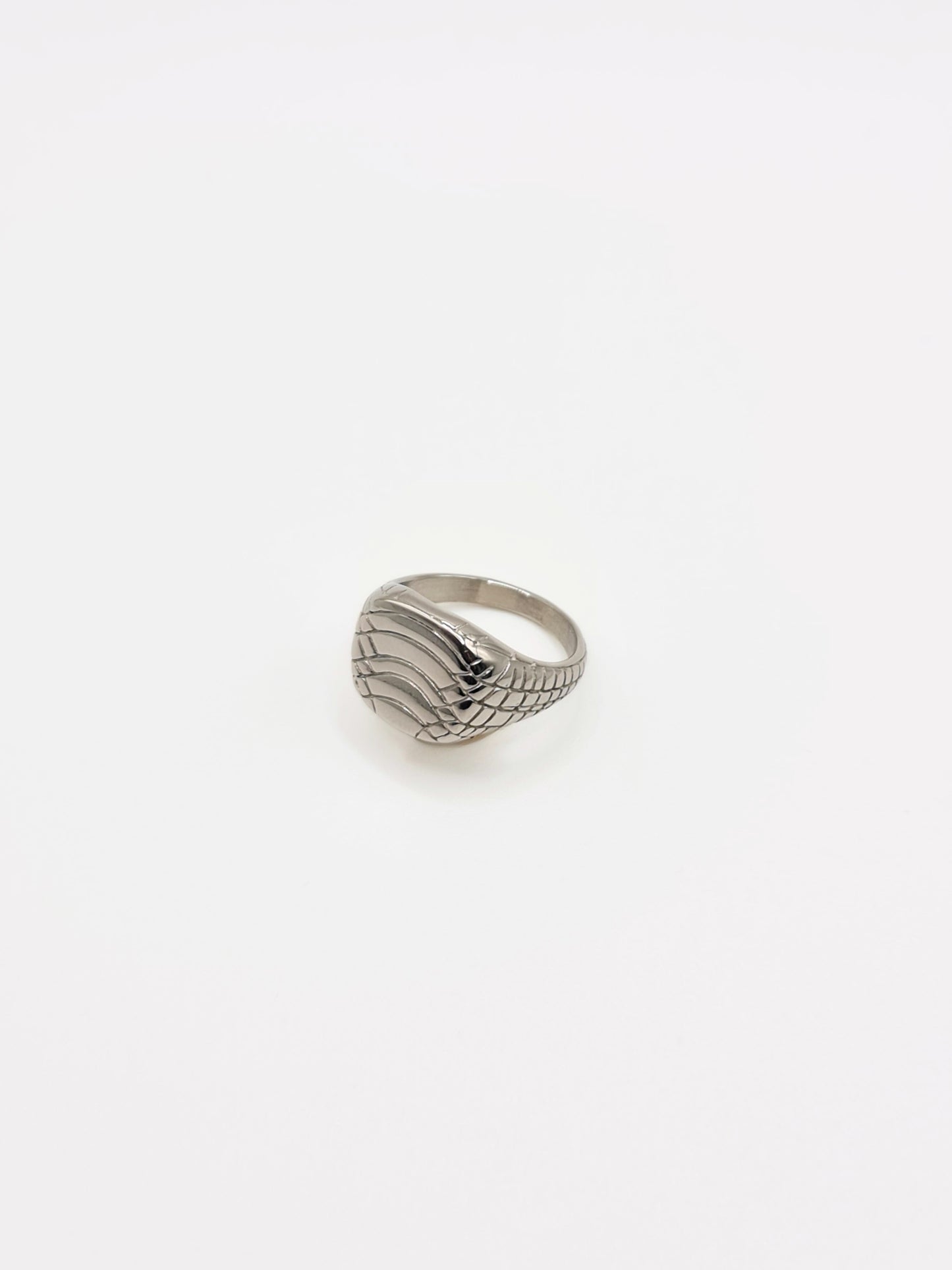 The Serpent Silver Finish Plated Stainless Steel Snake Etched Signet Ring.