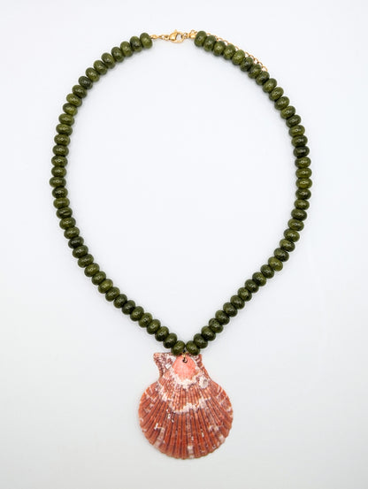 The Marseille Crimson Scallop Shell Green Jade Natural Stone Beaded Necklace- Semi-Precious & Waterproof
