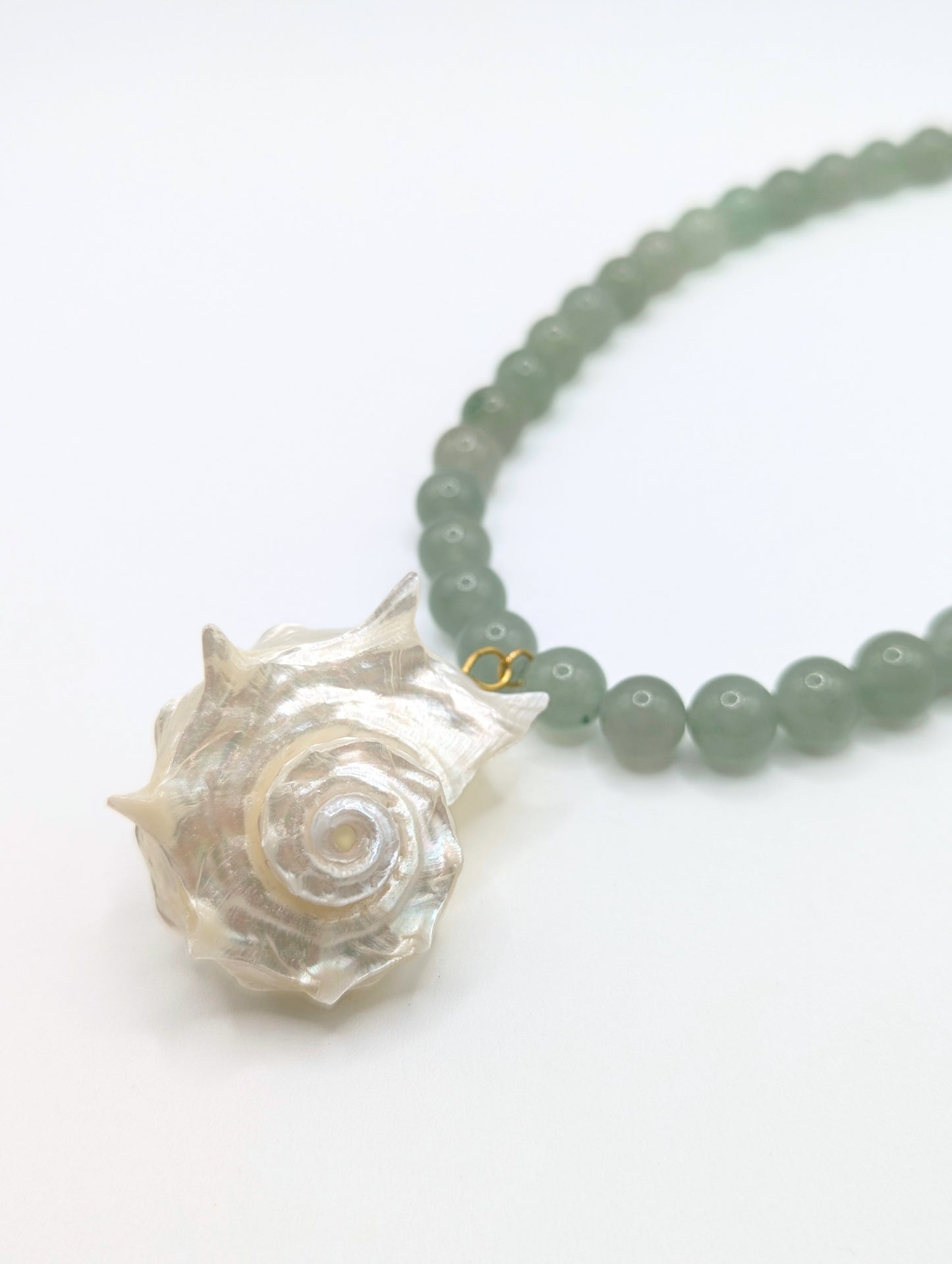 The Cannes Conch Seashell Green Aventurine Natural Stone Beaded Necklace- Semi-Precious & Waterproof