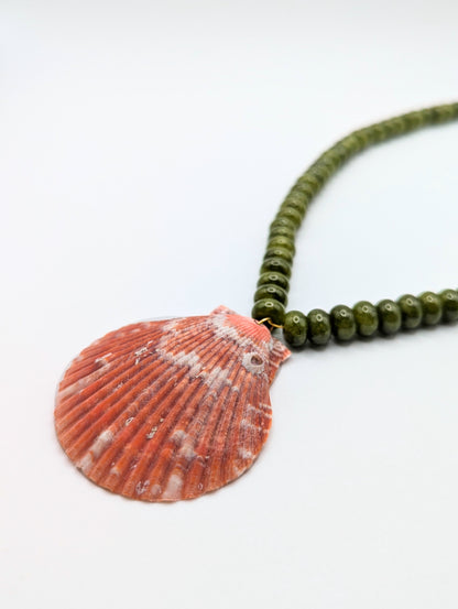 The Marseille Crimson Scallop Shell Green Jade Natural Stone Beaded Necklace- Semi-Precious & Waterproof
