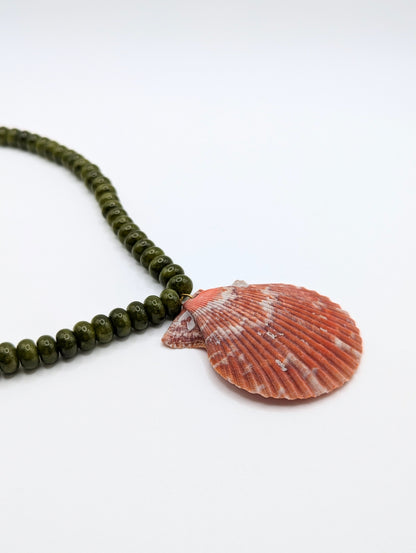 The Marseille Crimson Scallop Shell Green Jade Natural Stone Beaded Necklace- Semi-Precious & Waterproof