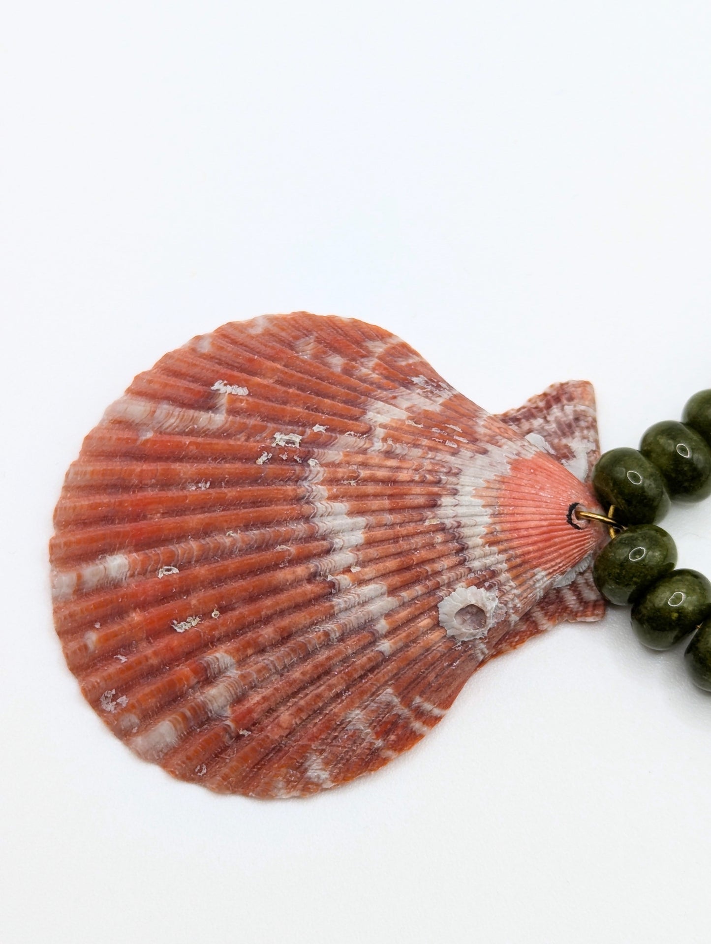 The Marseille Crimson Scallop Shell Green Jade Natural Stone Beaded Necklace- Semi-Precious & Waterproof
