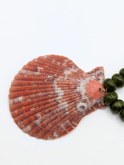The Marseille Crimson Scallop Shell Green Jade Natural Stone Beaded Necklace- Semi-Precious & Waterproof