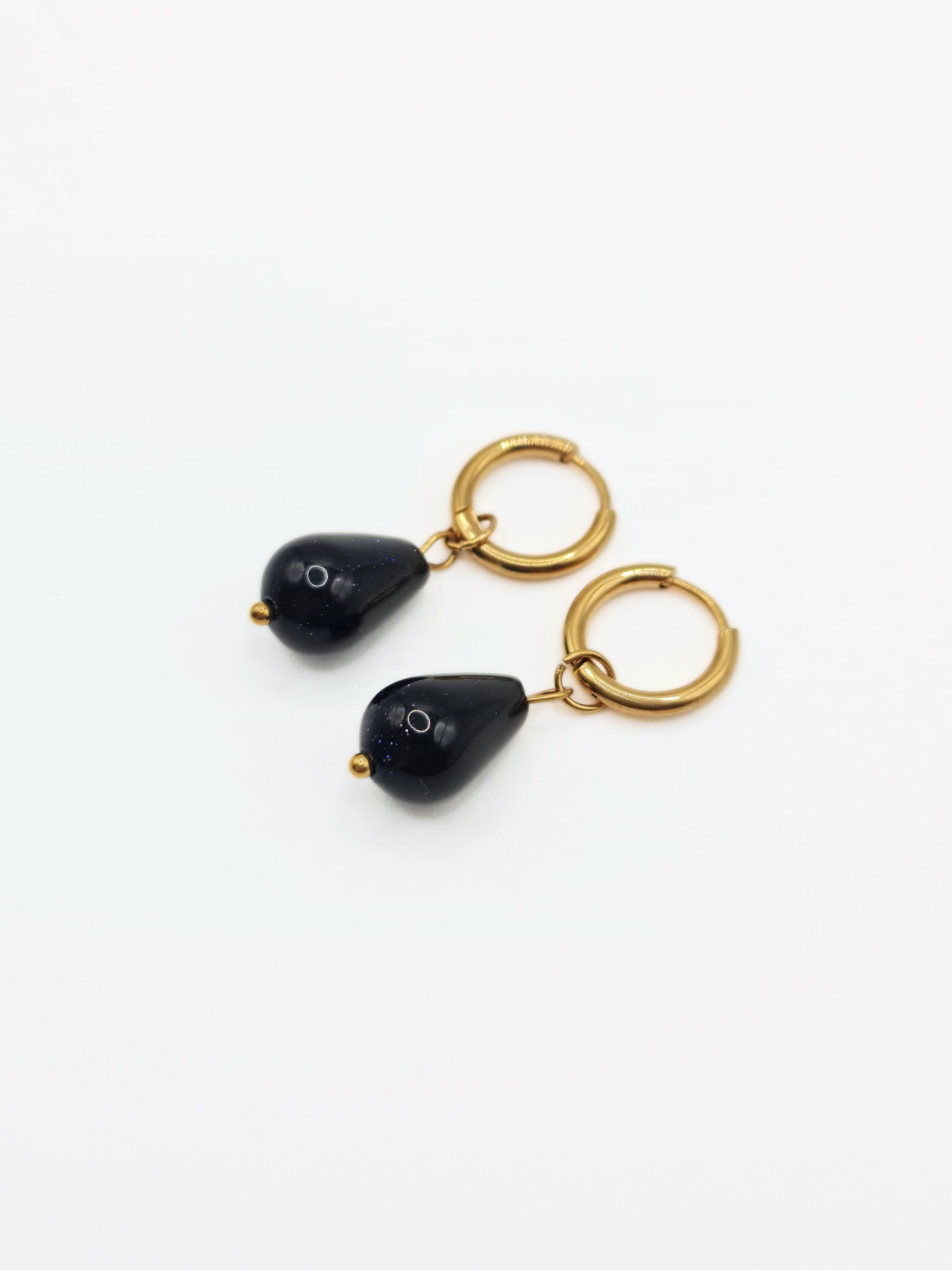 gold-black-goldstone-gemstone-natural-stone-semi-precious-drop-hoop-earrings-stainless-steel-tarnish-free-jewellery-waterproof-ember-and-stone-1