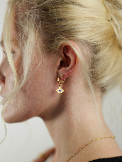 The Capri Silver Finish Crystal Evil Eye Drop Hoop Earrings- Waterproof & Tarnish-Free