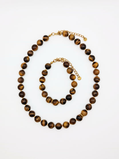 The Riviera Set Tigers Eye Natural Stone Beaded Necklace & Bracelet- Semi-Precious & Waterproof