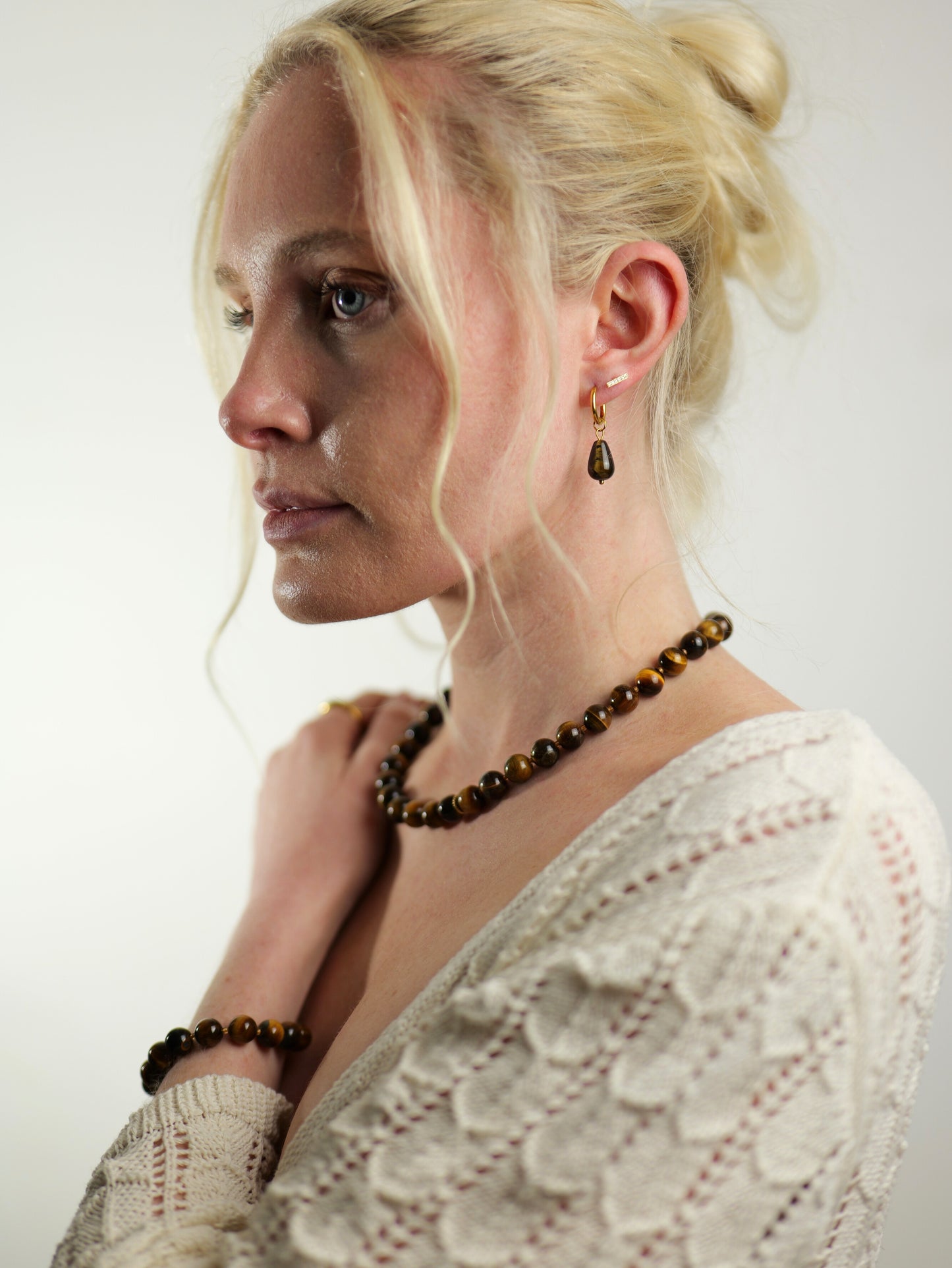 The Riviera Set Tigers Eye Natural Stone Beaded Necklace & Bracelet- Semi-Precious & Waterproof