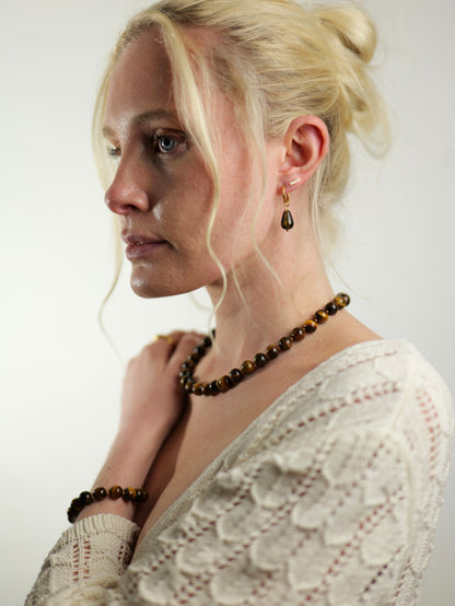 The Riviera Set Tigers Eye Natural Stone Beaded Necklace & Bracelet- Semi-Precious & Waterproof