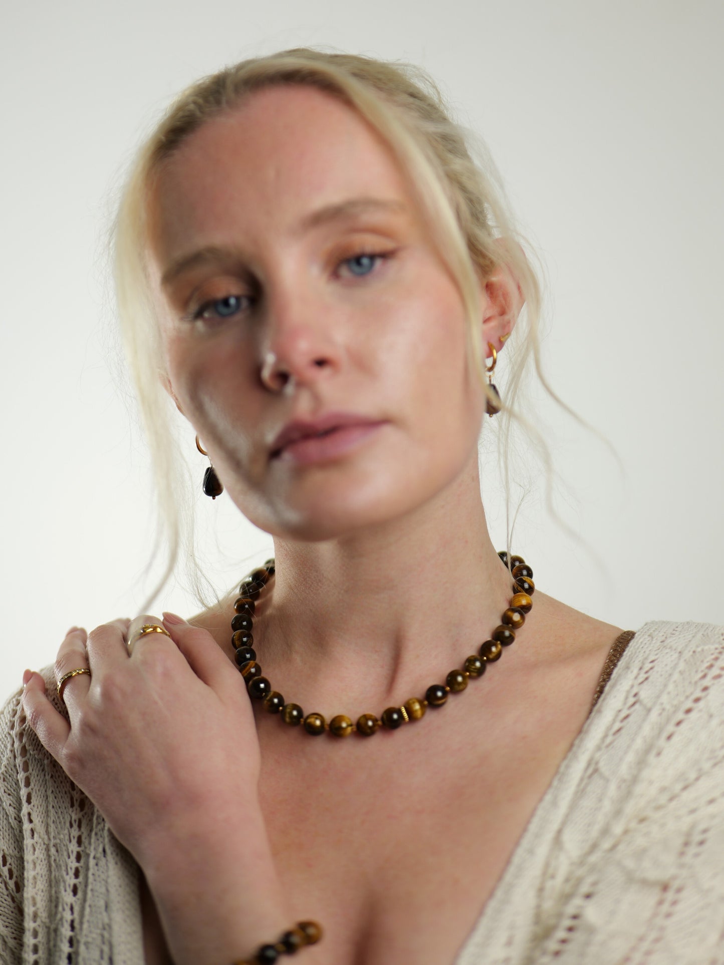 The Riviera Set Tigers Eye Natural Stone Beaded Necklace & Bracelet- Semi-Precious & Waterproof