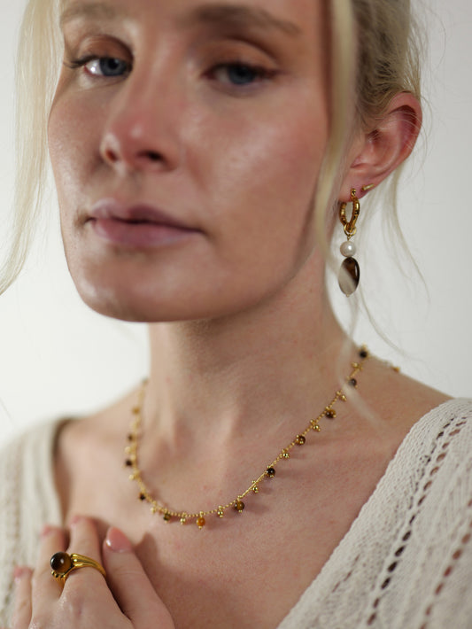 The Tulum 18k Gold Plated Tigers Eye & Pearl Drop Vintage Hoop Earrings-Semi-Precious & Waterproof