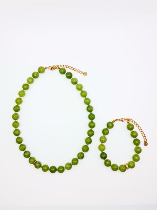 The Riviera Set Green Agate Natural Stone Beaded Necklace & Bracelet- Semi-Precious & Waterproof