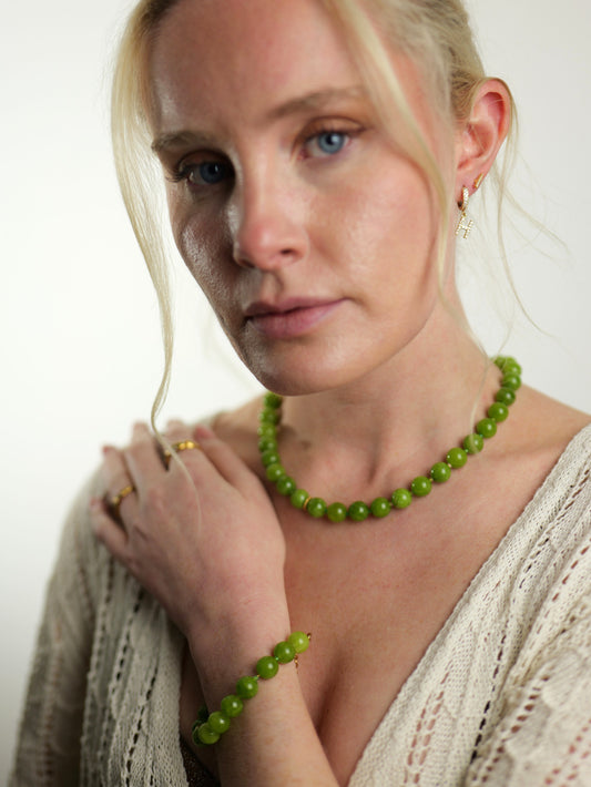 The Riviera Set Green Agate Natural Stone Beaded Necklace & Bracelet- Semi-Precious & Waterproof