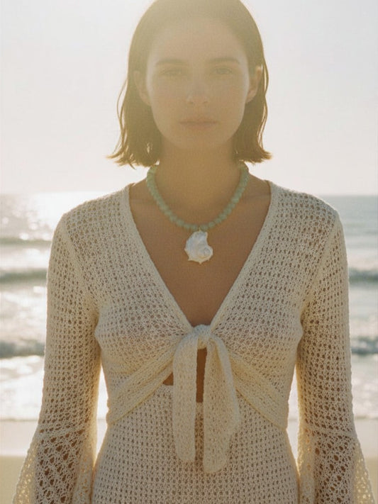 The Cannes Conch Seashell Green Aventurine Natural Stone Beaded Necklace- Semi-Precious & Waterproof