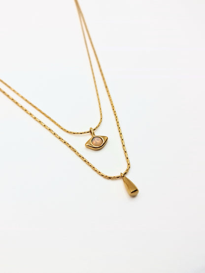 The Bodrum 18k Gold Plated Opal Gemstone Evil Eye Double Pendant Necklaces- Waterproof & Tarnish Free